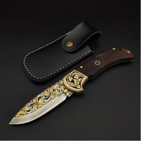 El yapımı 24 ayar altın işlemeli panda model N690 çelik kamp çakısı