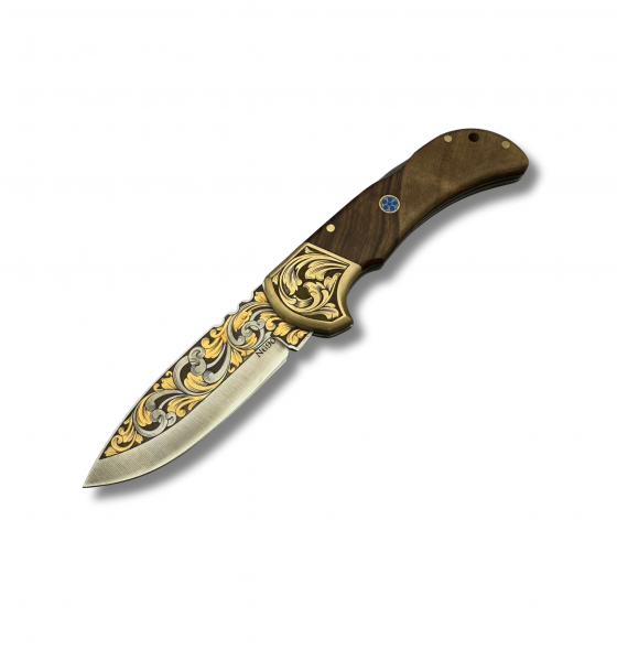 24 ayar gerçek altın işlemeli N 690 çelik pirinç balçak üst düzey Çakı