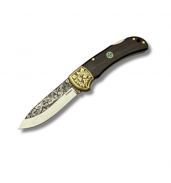 n690 çelik ceviz ağacı kabze gravür işlemeli pirinç Balçak kamp çakısı